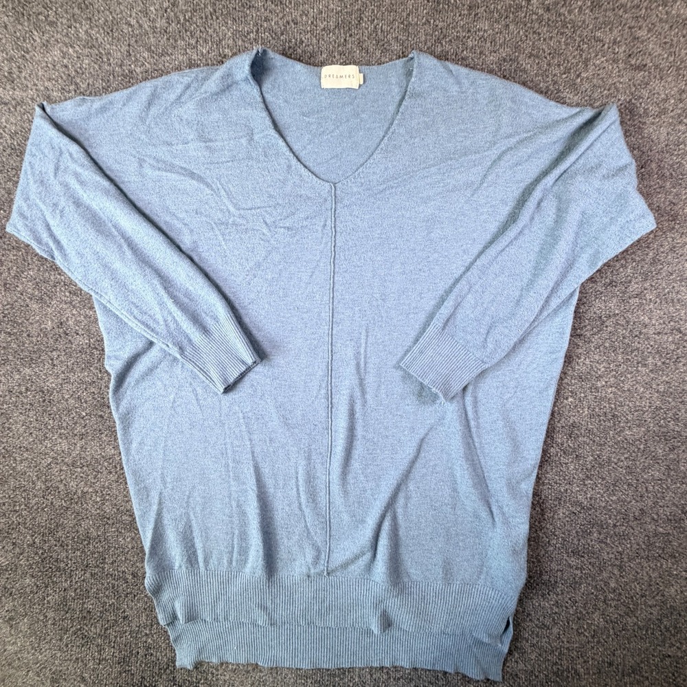 Dreamers Sweater Womens M/L Heather Light Blue Knit Cotton V Neck Dolman Sleeve